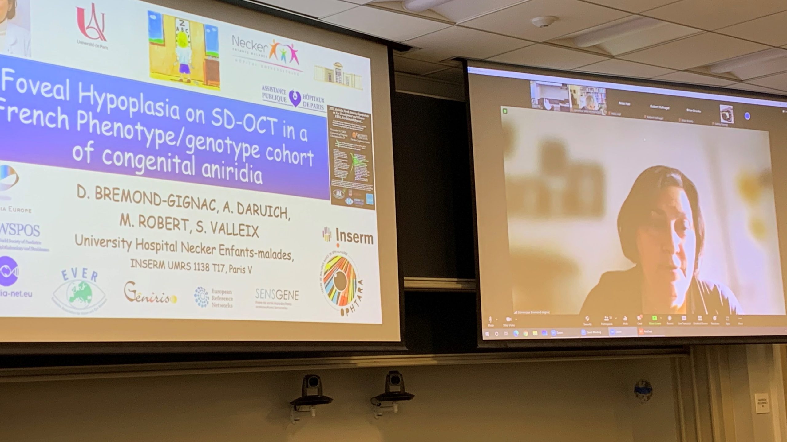 Dominique Bremond-Gignac is shown on one screen at the front of the room, while the title of her talk is shown on the screen next to her.  