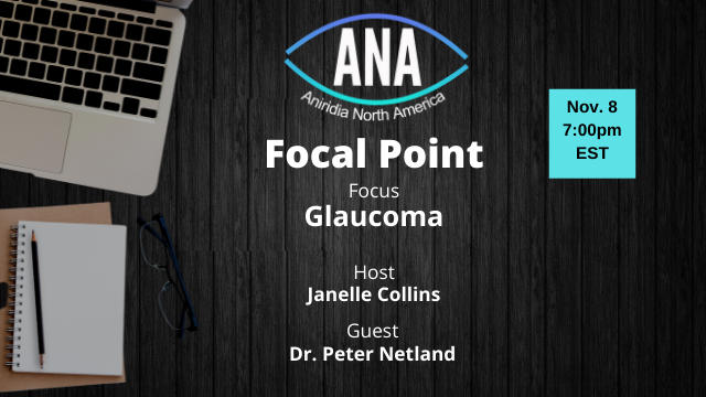 Background is a black wood grain that's intended to look like a desk. On the left are images of a computer, notepad, pencil and glasses that look like they are sitting on the desk. In the middle is the ANA logo, followed by text as follows: "Focal Point, Focus: Glaucoma, Host: Janelle Collins, Guest: Dr. Peter Netland"