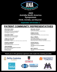 Poster showing the Patient Community Representatives that will attend the 2023 ANA Symposium.  The list includes:  

Grayson Chinn - VFT, ANA PFAB
Suzanne Chinn - VFT
Janelle Collins, ANA
Adison Lemmon, ANA PFAB
John Morris, IWSA, Miranda's Mission
Micjael and Bobbi Schain - ANA PFAB
Kelly Trout - IWSA and ANA
Susan Wolfe - VFT and ANA
Matt Wolfe - VFT