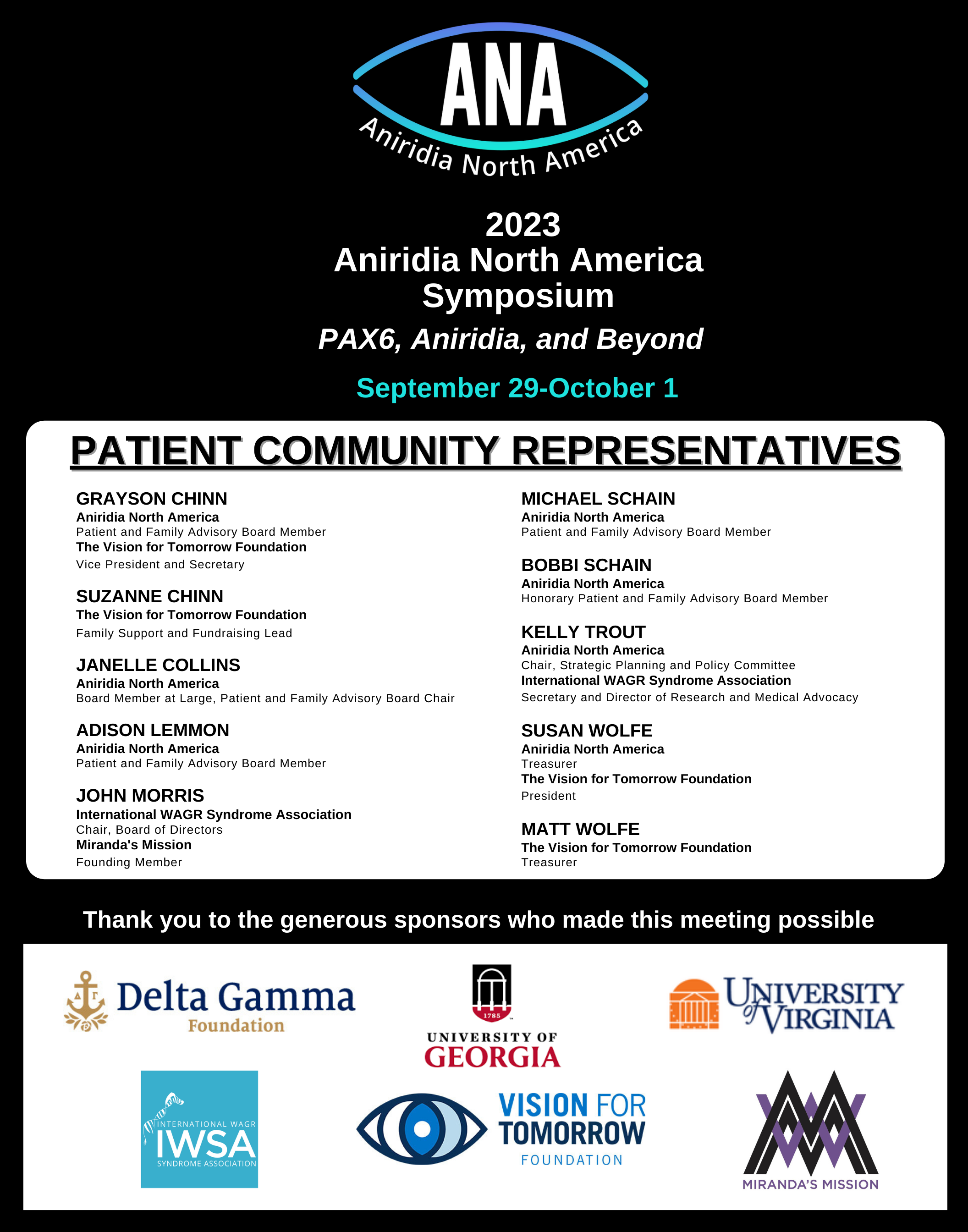 Poster showing the Patient Community Representatives that will attend the 2023 ANA Symposium. The list includes: Grayson Chinn - VFT, ANA PFAB Suzanne Chinn - VFT Janelle Collins, ANA Adison Lemmon, ANA PFAB John Morris, IWSA, Miranda's Mission Micjael and Bobbi Schain - ANA PFAB Kelly Trout - IWSA and ANA Susan Wolfe - VFT and ANA Matt Wolfe - VFT